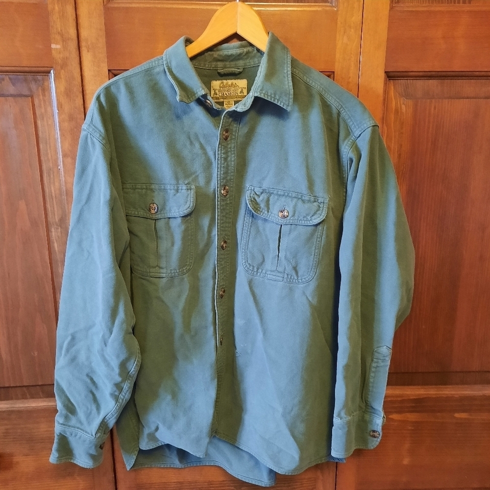 Cabela's Deerskin Soft Chamois Dark Green Button Flannel Shirt Size L *FLAWED*